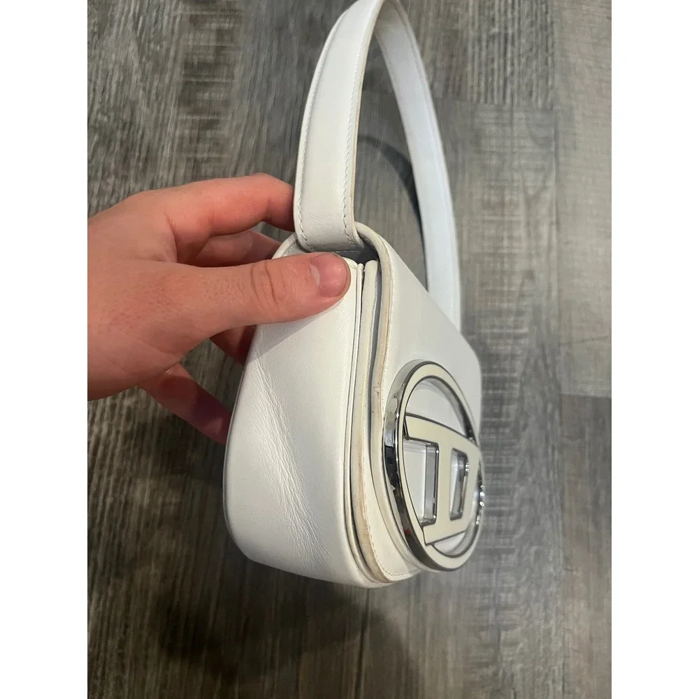 Autentic Diesel 1DR White Leather Shoulder Bag Oval D Logo Flap Handbag